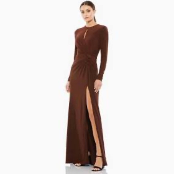 Mac Duggal Long Sleeve Keyhole Crew Neck Knot Waist Gown - Picture 4 of 7